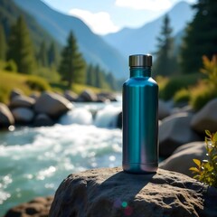 Aluminum Water Bottle Mockup with Top Mount  Realistic Metal Bottle on Mount ,river, natural Background.