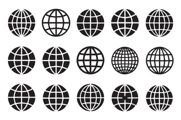 Globe vector set, grid patterns, flat earth symbols, Internet, world, or global reach line art, round globes Design
