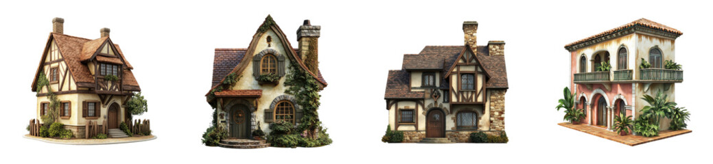 Charming storybook and mediterranean style cottages and houses collection, cut out - stock png
