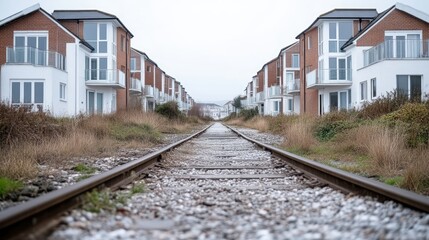 Fototapeta premium Abandoned railway tracks leading to modern housing