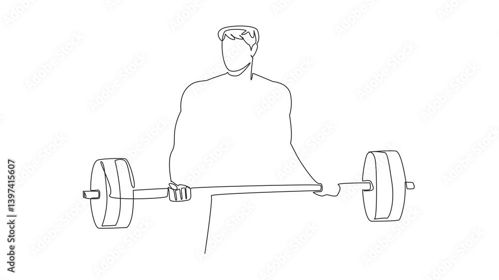 Poster self drawing animation of single continuous line drawing man lifting a barbell with both hands. prac