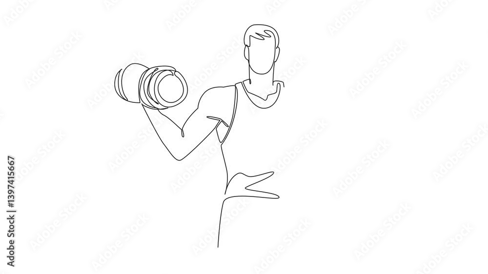 Poster animation of single one line drawing a man poses while lifting dumbbell. become active member at the