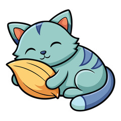 Cute Blue Cartoon Cat Cuddling Yellow Pillow, Smiling, Closed Eyes, Sleepy on White