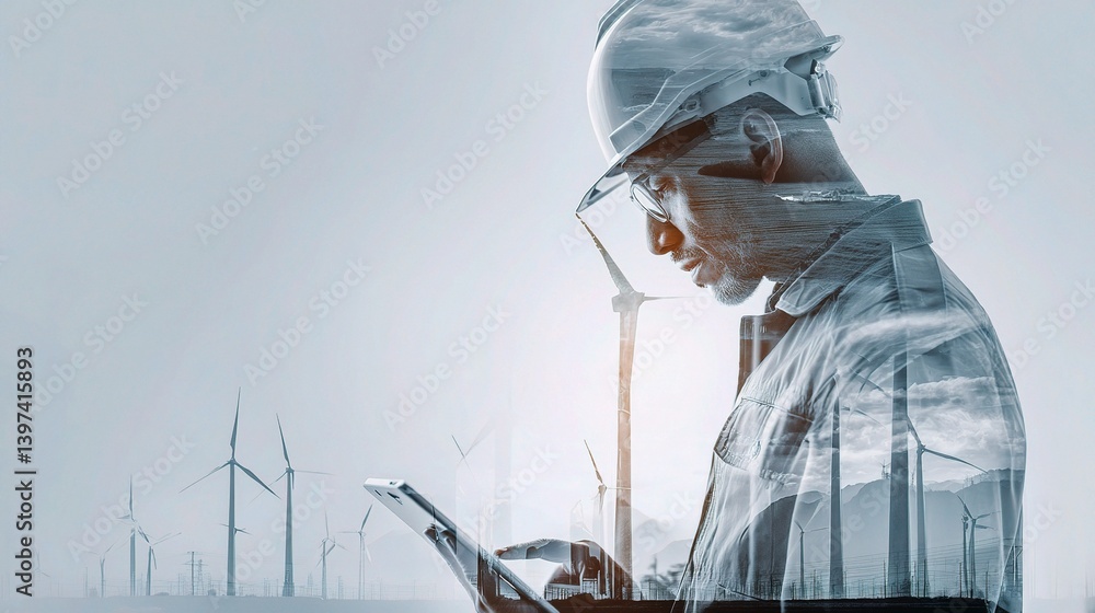 Poster engineer using digital tablet with wind turbines double exposure