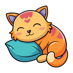 Cute Cartoon Style Orange Cat Napping on Blue Pillow with Hearts, Eyes Closed, Isolated