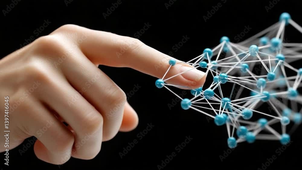 Aufkleber touch the network: a human finger delicately interacts with a complex, interconnected network of nod