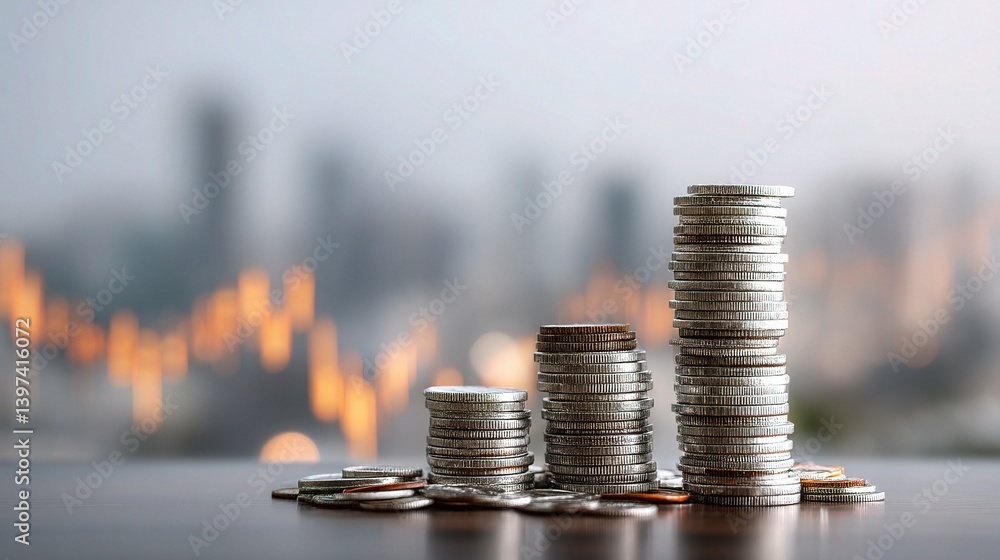 Poster growing coin stack with trading chart in background