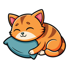 Cute Orange Tabby Cat Sleeping Peacefully on Blue Pillow, Cartoon Style, Isolated
