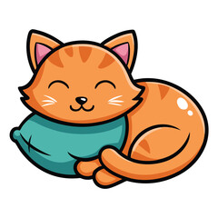 Cute Orange Cat Cartoon Character, Sleepy, Hugging Blue Pillow, Smiling, Stripes, Furry