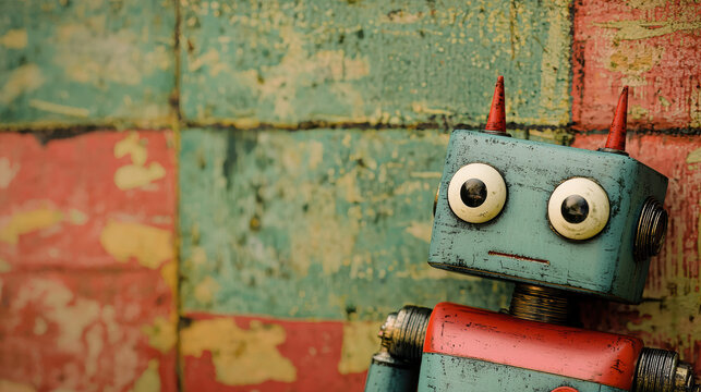 A vintage toy robot with a distressed paint finish leans against a colorful weathered wall background creating a nostaic and whical scene perfect for retro themed projects.