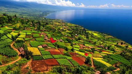 Vibrant Lake Nyasa Farmland with Malawi Aerial View.