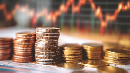 Double Exposure of Coins with Financial Graph Background