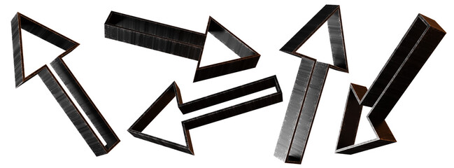 Set of black metallic arrows rendered in 3D, isolated on transparent background, showcasing different directions for creative design applications. Arrow symbol, cut out.
