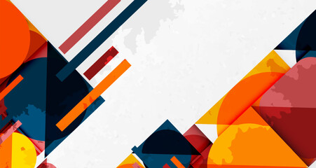 Abstract geometric composition. Overlapping shapes, vibrant colors, dynamic lines create modern design. Texture suggests rough surface, bold visual impact.