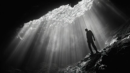 Obraz premium Man stands silhouetted in sunlit cave.