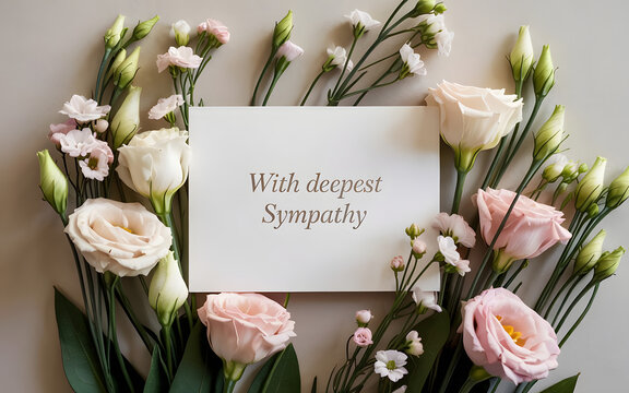 Sympathy Message with Floral Embrace: A heartfelt message of deepest sympathy, beautifully presented amidst an elegant arrangement of delicate pastel flowers, radiating comfort and solace.