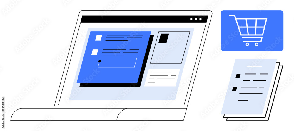 Poster laptop screen displaying an online store layout, shopping cart icon, and document stack. ideal for e