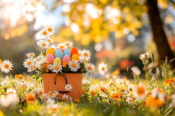 Easter eggs with daisies, and spring garden.