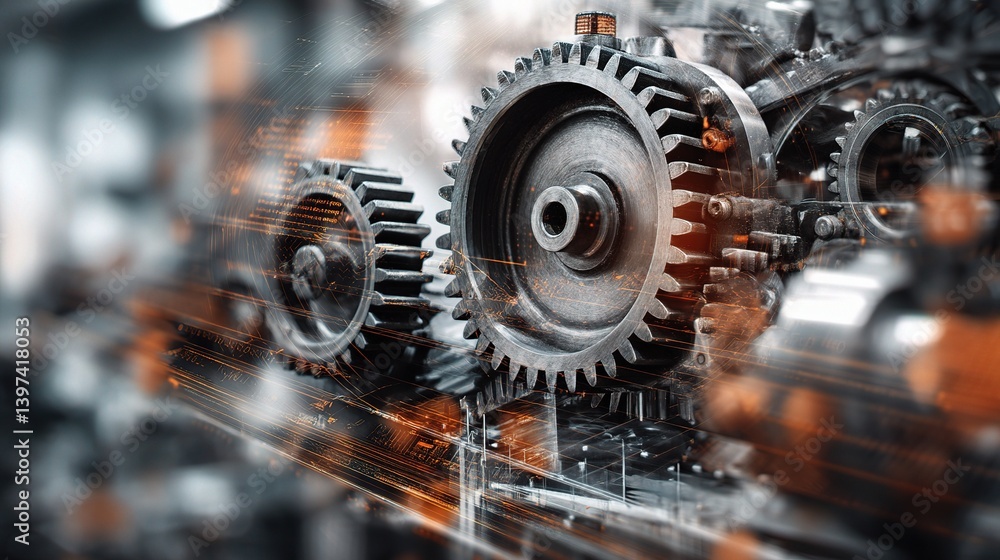 Poster double exposure of gears and machinery in abstract composition