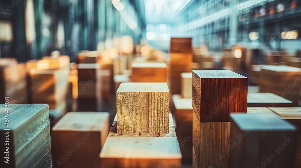 Poster wooden blocks in double exposure with soft focus and depth effect