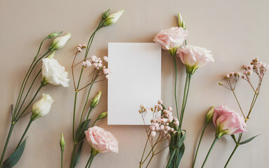 Floral Elegance: Delicate blossoms and lush greenery adorn a blank card, a serene and visually appealing invitation to express heartfelt sentiments and ideas. 