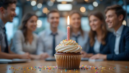A celebratory cupcake with a single candle, surrounded by smiling colleagues, marking a joyous office birthday with warm, soft lighting.