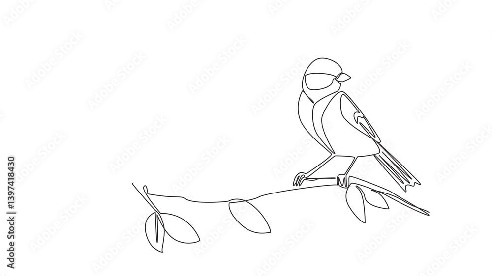 Poster animated self drawing of single continuous line drawing great tit bird perched on a tree branch with