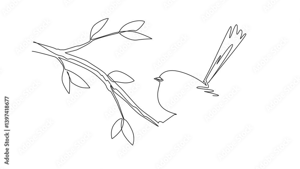 Poster animation of continuous one line drawing fairy wren perched on a tree branch with leaves. singing wi
