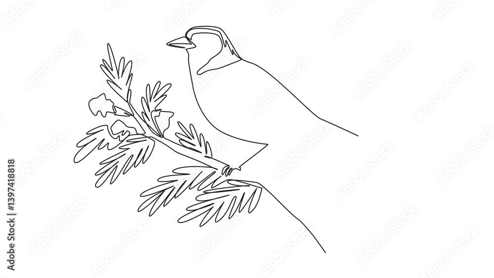 Poster self drawing animation of single one line drawing chaffinch bird perched on a tree branch with leave