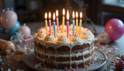 A delightful birthday cake, adorned with colorful candles and sprinkles, celebrates a joyous occasion in a warm, inviting setting with soft lighting.