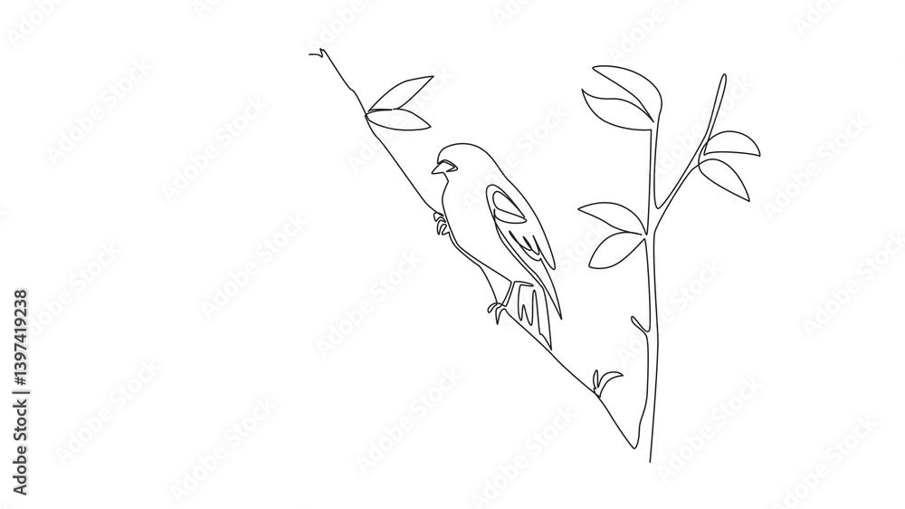 Poster animation of single continuous line drawing red winged blackbird perched on a tree branch with leave