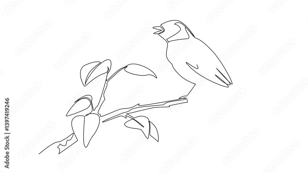Poster animation of continuous one line drawing dunnock bird perched on tree branch with leaves. landed and