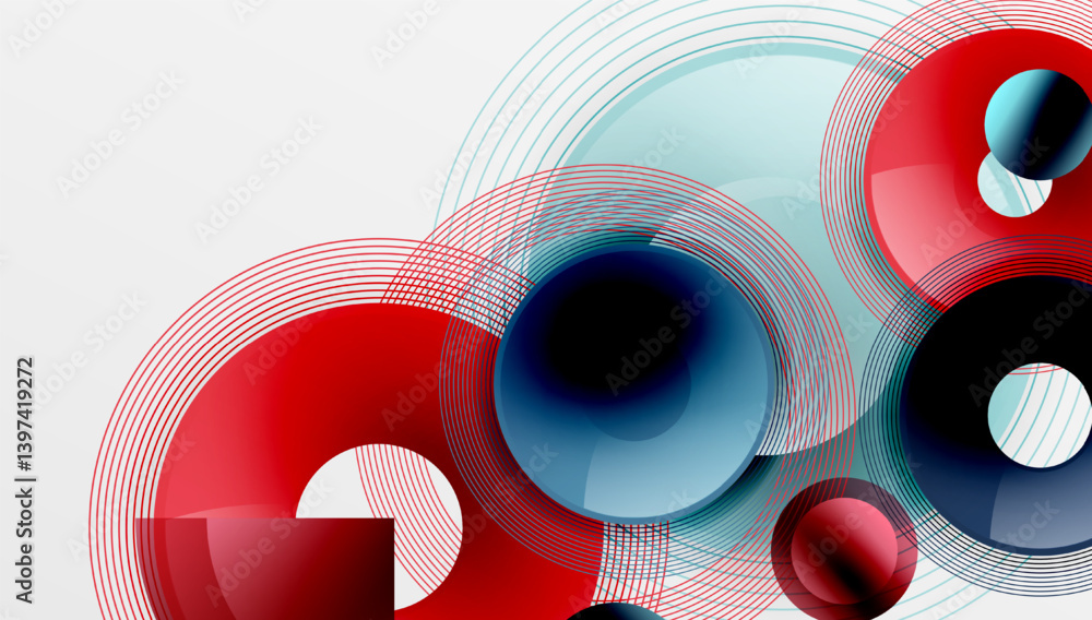 Poster abstract composition featuring overlapping circles, lines. red, blue, light blue hues create dynamic