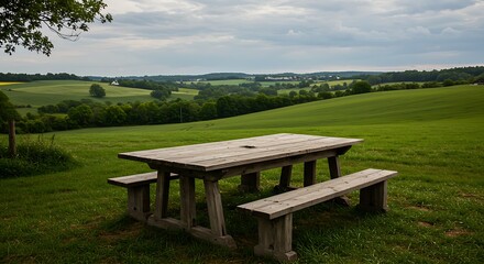 Fototapeta premium Stone Picnic Table in a Green Grassy Field with Rolling Hills