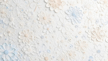 A lovely monochromatic white texture with a handcrafted feel, featuring raised and sketched floral motifs.