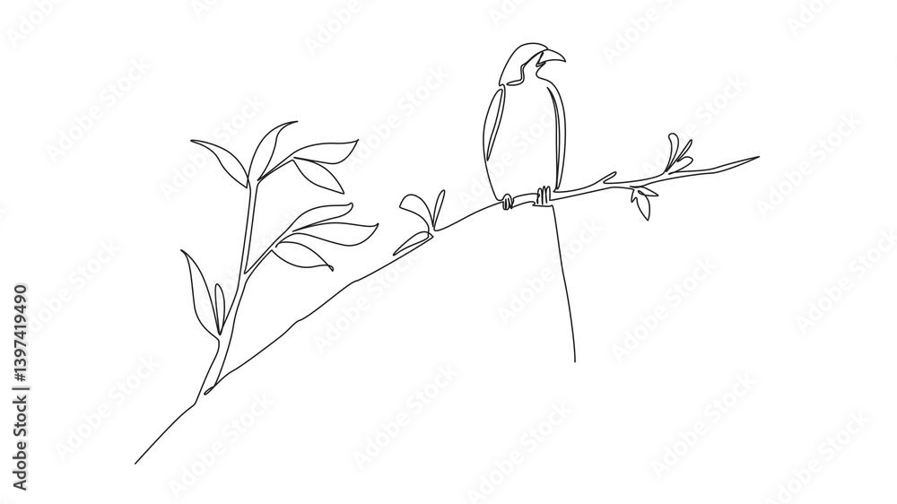 Poster self drawing animation of single continuous line drawing the bird of paradise perched on a tree bran