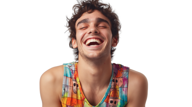 Young man mid-laugh, wearing colorful tank, natural tan, sun-kissed nose, no hands, cropped at waist, hyper-detailed, white background