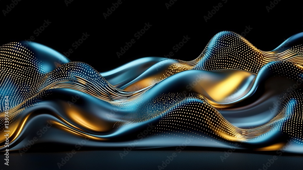 Poster a mesmerizing abstract representation of flowing waves with vibrant blue and gold tones, creating a 