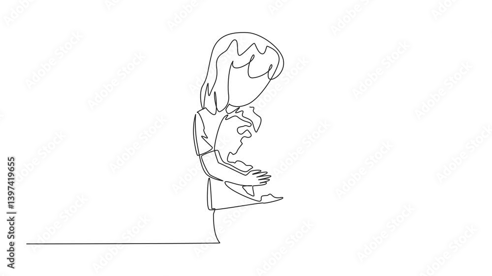 Poster animation of continuous one line drawing girl hugging globe. a symbol of great affection. take part 