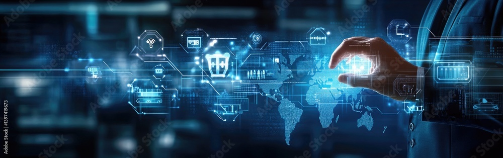 Poster digital interface with person's hand touching the screen with world map hologram