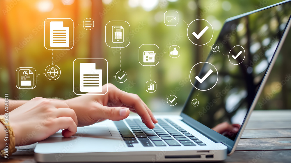 Poster hands typing on laptop with digital document workflow overlay