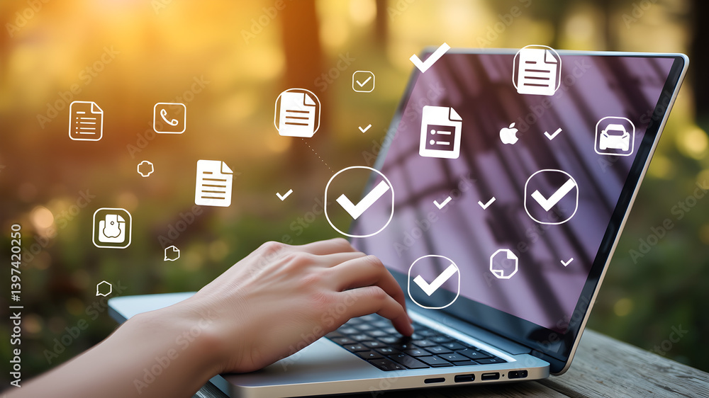Poster hands typing on laptop with digital document workflow overlay