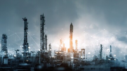 Obraz premium Silhouette of Industrial Refinery with Overlayed Digital Elements
