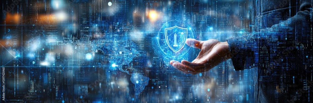 Poster digital protection shield with human hand overlay on abstract data network