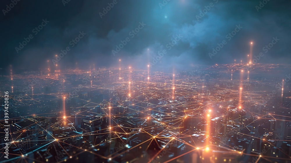 Poster futuristic cityscape with blockchain technology and connectivity elements