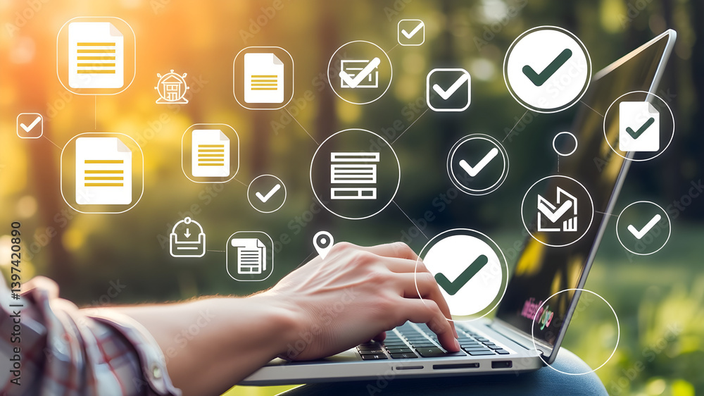 Poster hands typing on laptop with digital document workflow overlay