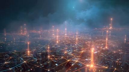 Obraz premium Futuristic Cityscape with Blockchain Technology and Connectivity Elements