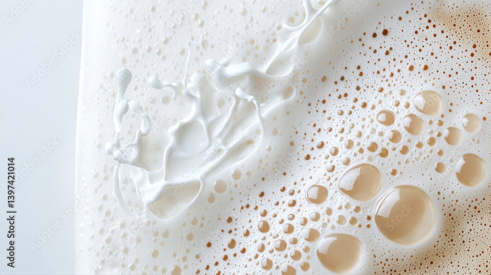 Poster close-up of frothy milk bubbles on a glass surface, creating intricate textures and patterns.