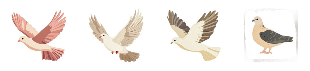 Fototapeta premium Four artistic doves in flight and profile illustration series, cut out - stock png