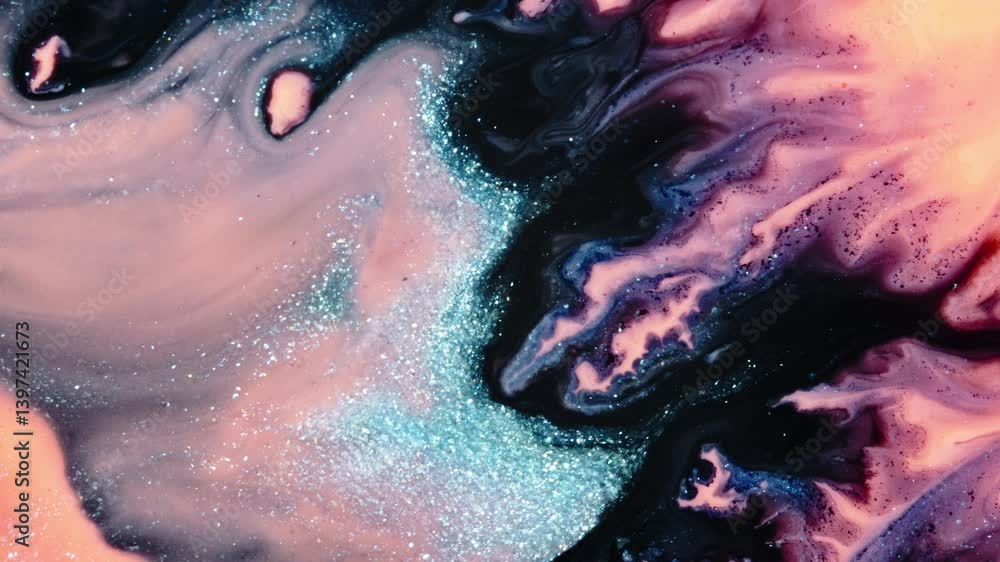 Poster flowing colorful liquids mixing with sparkles and vibrant hues in a macro shot